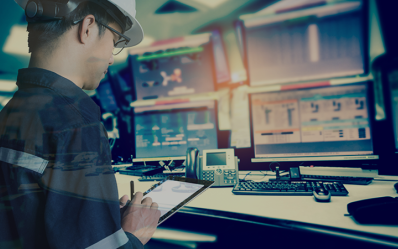 power plant worker using a tablet and standing in front of computer monitors